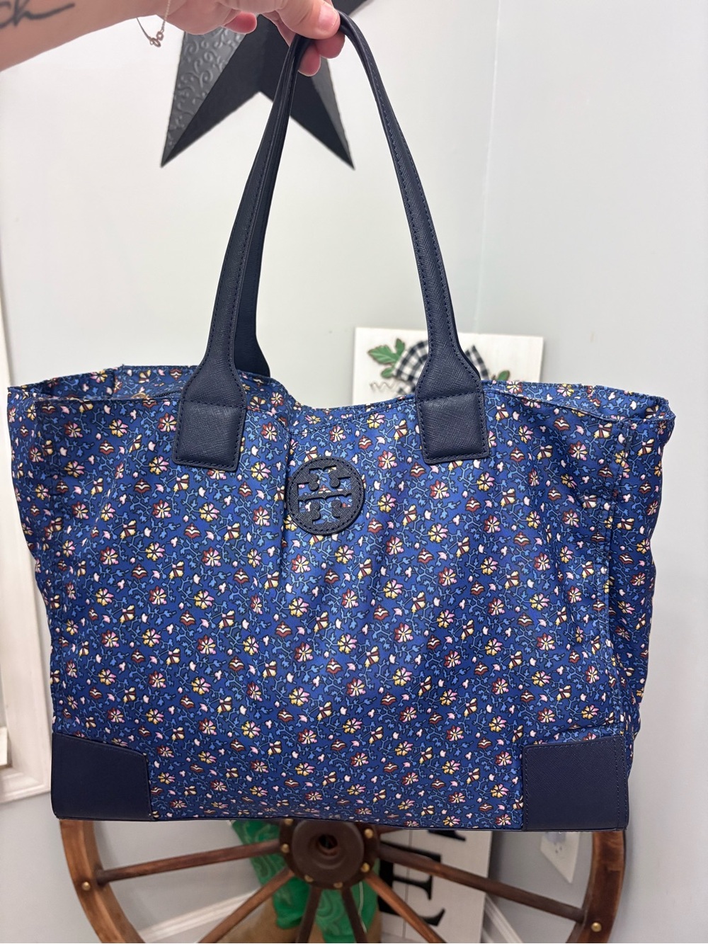 TORY BURCH RETIRED Navy Floral Ella Tote with Leather Trim